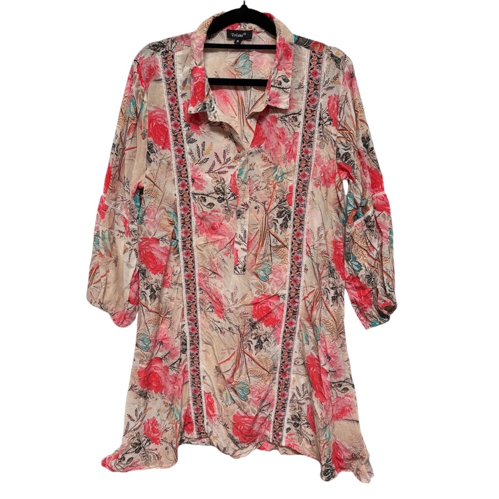 Tolani Graphic Red and Cream Notched Collar Blouse